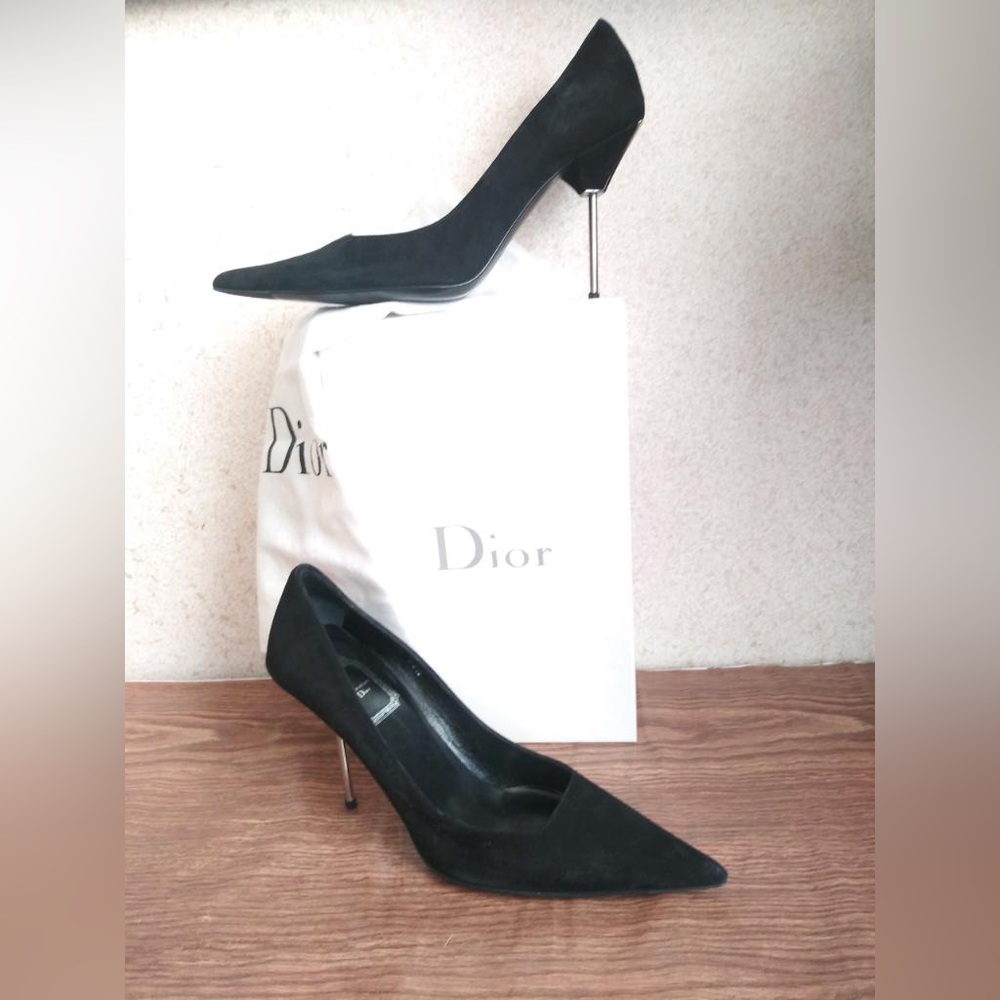 Christian Dior black suede pointy  shoes with silver tone heels. New, size 38.5